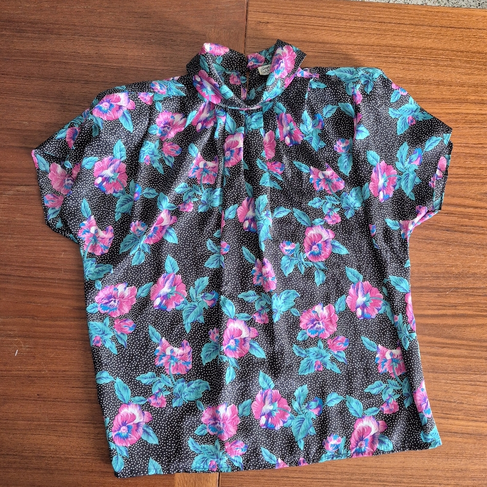 Vintage 80s Pink Floral And Dots Black Blouse Women's Top 12 - Picture 9 of 9